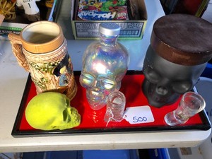 Shot glass, stein, tray, skull jars