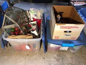 Christmas decorations, 2 totes and 1 box of