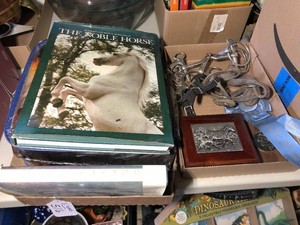 Spurs, bits, horse books, blanket 2 boxes