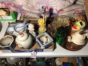 Table top lamp, planters, ginger jar, mirrored tray, vases, teapot