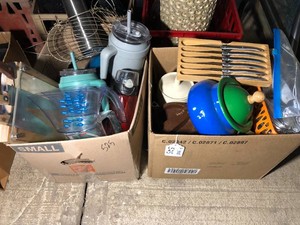 Kitchen utensils, measuring cups, fondue 2 boxes of