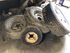 (4) Tires, not matching Continental 23565R17 with BMW hub, Goodyear, small 4804.00-8 trailer and other
