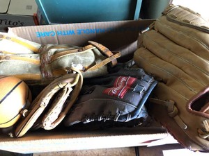 Vintage leg weights, basketball bank, baseball gloves
