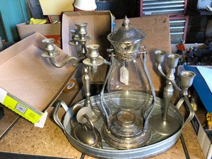 Metal candle holders, beverage dispenser