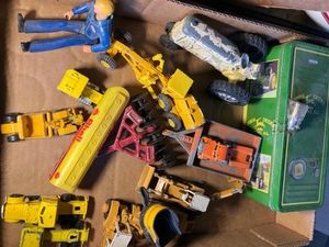 Metal and plastic toy vehicle, Tonka Toys action figure, Hubley Kiddie toy tractor