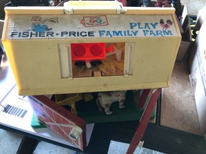 Fisher Price toys and table top dollhousecabinet