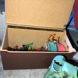 Wood toy box with Masters of the Universe castle, Mattel and other toys