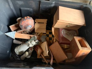 Willow Tree angel figurines, wood trinket boxes, birdhouses all in tote