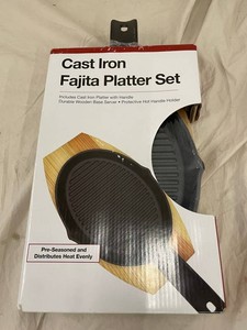 L 2 - Mr. Bar-B-Q Cast Iron Fajita Platter Set With Wooden Server