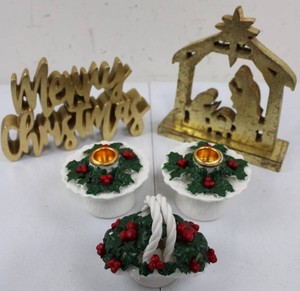 5-Piece Christmas Decor Mixed Lot - Nativity, Candle Holders & Signs