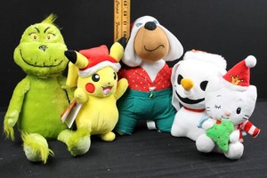 Grinch, Pikachu & Hello Kitty Christmas Plush Mixed Lot of 5