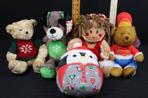 Holiday Plush Bears, Gingerbread Doll & Penguin (Lot of 5)