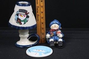 Snowman Ceramic Lamp, Figurine & Coaster Mixed Lot