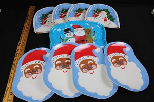 Christmas Santa & Snowman Plastic Serving Plates and Tray (Lot of 9)