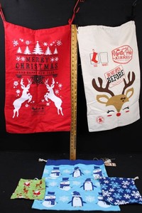 Christmas Fabric Drawstring Gift Bags Assorted Designs (Lot of 5)