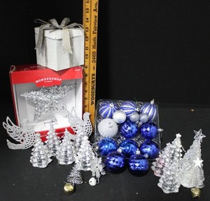 Christmas Decor Mixed Lot - Blue Silver Ornaments, Trees & Star Topper