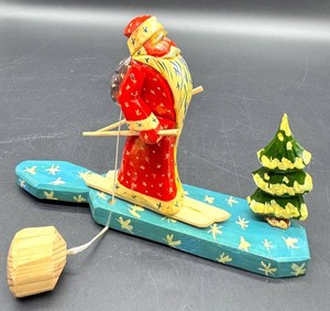Vintage German Wooden Santa Skier Christmas Decoration - Weighted Movement