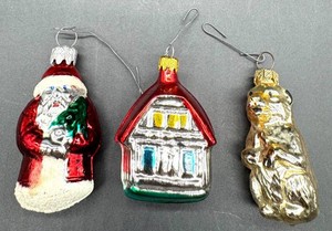 Vintage Glass Christmas Ornaments - Santa, House & Owl (Lot of 3)