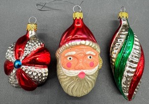 Vintage Columbia Glass Christmas Ornaments - Santa, Ribbon & Striped (Lot of 3)
