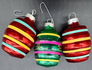 Vintage Shiny Brite Striped Glass Christmas Ornament Set - Red & Green (Lot of 3)