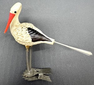Vintage Glass Stork Bird Ornament With Spring Legs and Clip Base
