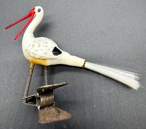 Vintage Stork Bird Ornament With Metal Clip Base and Spun Glass Tail
