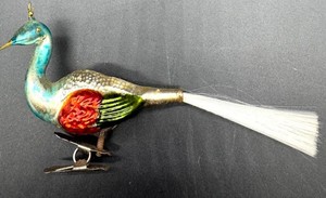 Vintage Painted Peacock Bird Ornament With Clip Attachment and Spun Glass Tail