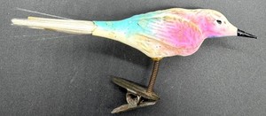 Vintage Unsilvered Colorful Painted Bird Ornament With Spring Clip and Spun Glass Tail