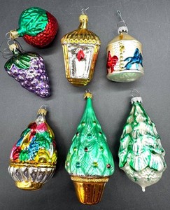 Vintage Decorative Glass Christmas Ornaments - Assorted Designs (Lot of 7) including Columbia