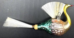 Vintage Iridescent Peacock Christmas Ornament With Spun Glass