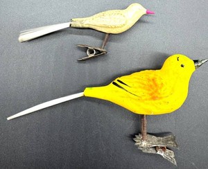 Vintage Unsilvered Bird-Shaped Clip-On Decorative Ornaments - Pair with Spun Glass Tails