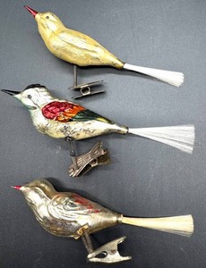 Vintage Clip-On Bird Ornaments With Spring Clips and Spun Glass Tails (Lot of 3)