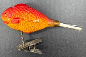 Vintage Painted Fish Ornament With Clip-On Metal Base and Spun Glass Tail