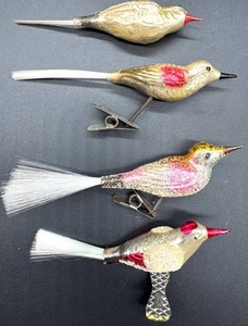 Vintage Clip-On Mercury Glass-Style Bird Ornaments with Spun Glass Ornaments(Lot of 4)