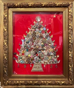 Vintage Jeweled Christmas Tree Framed Art Assemblage - 30 X 25 in