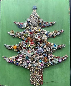 Vintage Angela Wallace Signed Bejeweled Christmas Tree Artwork - Unframed