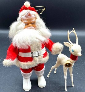 Vintage Christmas Santa Claus & Mid Century Reindeer Ornament