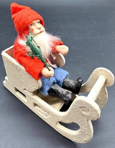 Vintage Antique Santa Claus Figure in Wooden Rocking Sled