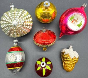 Vintage Assorted Glass Christmas Ornaments - Decorated Designs (Lot of 7)