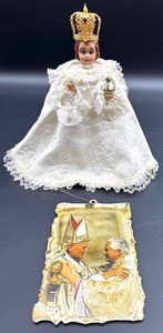 Vintage Infant Jesus of Prague Statue - Blessed by Pope & Pope John Paul II Plaque Mixed Lot