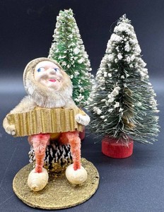 Vintage Christmas Japan Elf Figure & Bottle-Brush Trees 3-Piece Decor Set