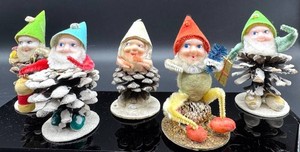 Vintage Japan Christmas Gnome Figures on Pinecone Bases - 3in (Lot of 5)