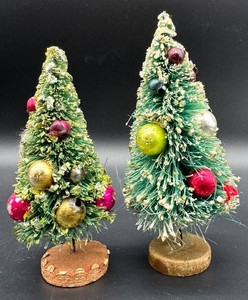 Vintage German Bottle Brush Christmas Trees With Ornaments (Lot of 2)