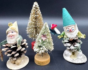 Vintage Christmas Gnome Figures & Bottle-Brush Tree Mixed Lot (3 Pieces) Japan and Germany