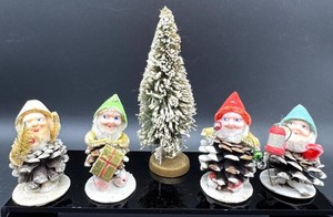 Vintage Japan Christmas Pinecone Figures & Bottlebrush Tree - 5pc