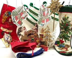 Christmas Decorations Mixed Lot - Stockings, Ornaments, Tins & Tree Skirts