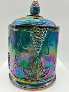 Vintage Indiana Glass Carnival Glass Jar With Cover - Blue #1