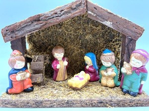 Vintage Hand-Painted Nativity Scene With Rustic Stable