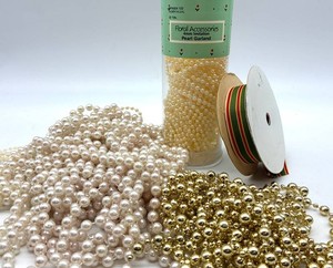 Flora Accessories Pearl Garland, Gold Bead Garland & Striped Ribbon Mixed Lot