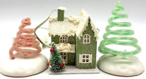 Christmas House & Two Dept 56 Spiral Trees Mixed Lot